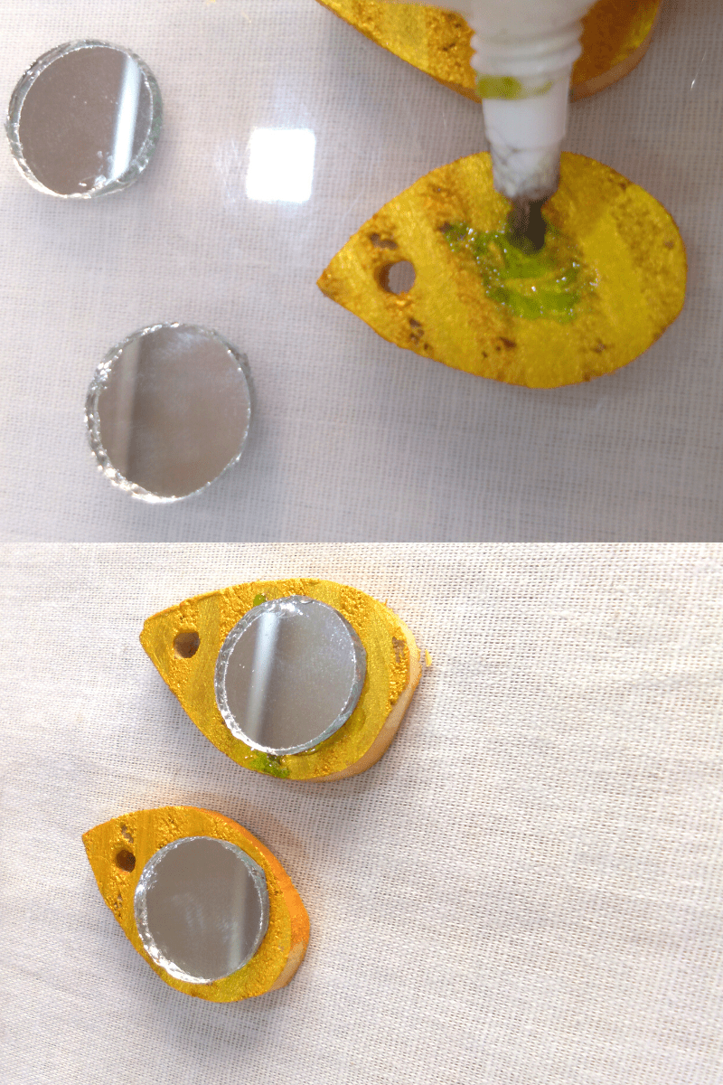 Glue mirror shapes to make button earrings
